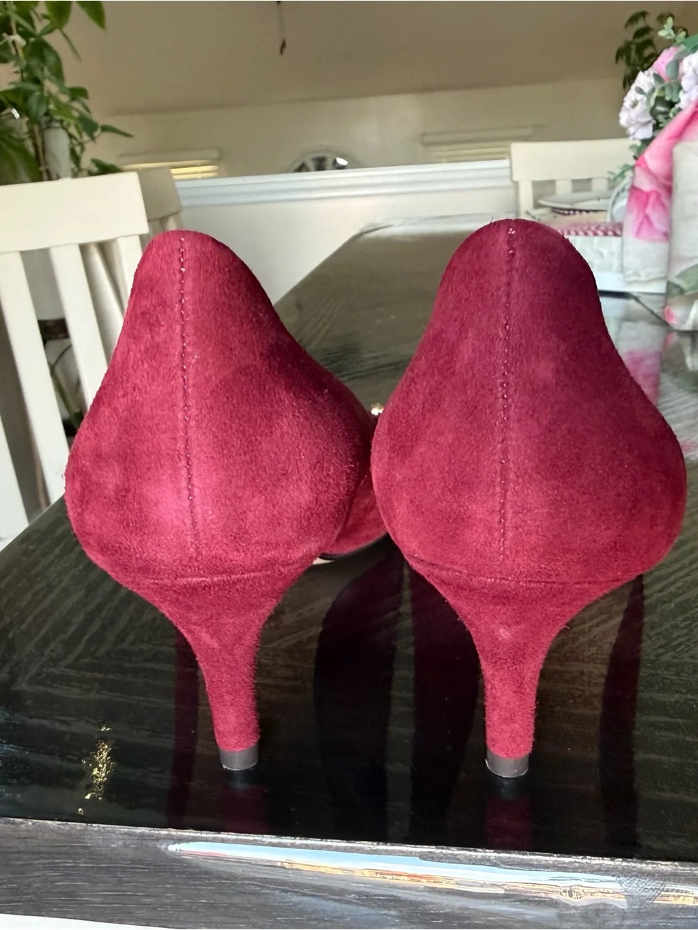 Coach Burgundy Pointed Toe Pumps with Gold Accent